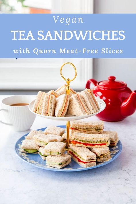 A selection of tasty and easy-to-prepare finger sandwiches for the perfect vegan afternoon tea! Featuring Quorn's deli slices for a "meatier" option, without the meat. Recipe commissioned by Quorn. The Queen's Platinum Jubilee is coming Tea Food Recipes, Party Food Vegan, Sandwiches For Kids, Afternoon Tea Sandwiches, Canadian Baking, Vegan Afternoon Tea, Veggie Sandwiches, Wraps Vegan, Vegan Picnic