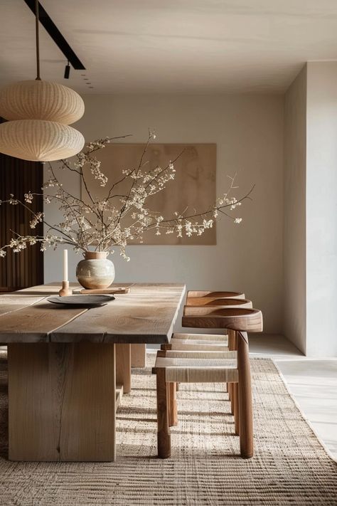 20 Japandi Dining Rooms That Blend Elegance and Simplicity! - My Decor Inspo Dining Room Wabi Sabi, Dining Room Scandinavian Style, Japandi Coastal, Wabi Sabi Dining Room, Japandi Dining Room Design, Japandi Dining Room, Japandi Dining, Muji Style, Scandinavian Dining Room