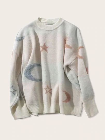 Estilo Harajuku, Moon Pattern, Pullover Outfit, Star Pattern, Pattern Sweater, Moon Star, Casual Sweaters, Dream Clothes, White Fabric