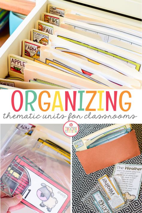 Organizing Worksheets Classroom, Thematic Units Preschool, Preschool Teacher Desk Organization, How To Organize Curriculum, Preschool Office Organization, Lesson Plan Storage Ideas, Mrs Jones Creation Station, Curriculum Storage Ideas, Creative Curriculum Organization