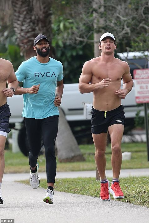 Matt James stays in heartthrob shape as he goes for group run with shirtless BFF Tyler Cameron | Daily Mail Online Tyler Cameron Style, Athlete Outfits Men, Men’s Running Outfit, Mens Running Outfit, Men Body Types, Men Gym Outfit, 12 Week Marathon Training Plan, Mens Gym Outfits, Gym Fits Men