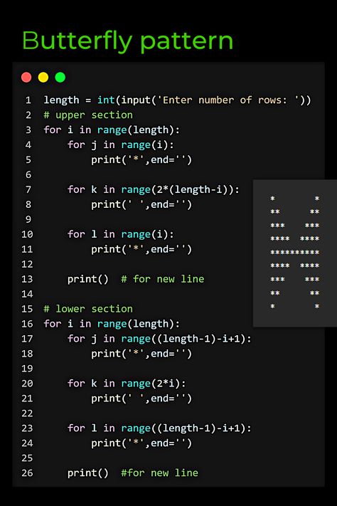 butterfly pattern in python Python Programming Codes, Computer Science Python, Cool Python Codes, C++ Coding Projects, Simple Python Code, Python Coding Projects, Programming C++, Learn Python Programming, Python Programming Coding