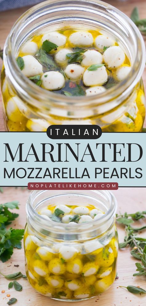 Grab some fresh mozzarella pearls for an easy snack to make ahead! This mozzarella recipe is also a yummy appetizer to add to your antipasto platter. Not only are these marinated mozzarella pearls delicious, but they are also low-carb, vegetarian, and gluten-free! Mozzarella Pearls Salad, Marinated Mozzarella Pearls, Mozzarella Balls In Olive Oil, Things To Make With Fresh Mozzarella, Pearl Mozzarella Recipes, Recipes Using Mozzarella Pearls, Mozzarella Pearls Recipes, Mozzarella Marinated, Antipasti Recipes