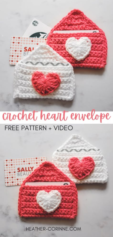 A Pinterest graphic for the Crochet Heart Envelope Free Pattern + Video; Two images of the Crochet Heart Envelope Gift Card Holders holding gift cards. Crochet Heart Gift Ideas, Heart Envelope Crochet, Heart Box Crochet, Easy Crochet Valentines, Small Valentine Crochet, Valentines Crochet For Boyfriend, Beginner Valentine Crochet, Crochet Gift Card Holder Pattern Free Simple, Cute Crochet Valentines