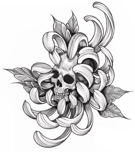 Crisantemo Tattoo, Tattoo Japonais, Skull Tattoo Flowers, Japanese Flower Tattoo, Chrysanthemum Tattoo, Black White Tattoos, Skull Art Drawing, Elbow Tattoos, Japanese Sleeve Tattoos