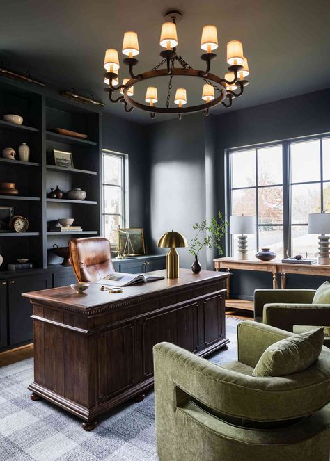 Dark Study Paint Color, Farrow And Ball Navy Blue, Dark Academia Office Paint Colors, Blue Paint For Walls, Sw Charcoal Blue Color Palette, Hale Navy And Agreeable Gray, Paint Color For Library, Moody Blue Accent Wall, Best Dark Blue Gray Paint Colors