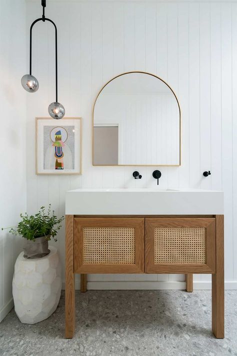 Rattan Vanity In A Bathroom Design - Just in Place Blog Rattan Vanity, Ensuite Bathroom Designs, Hamptons Style Home, Luxury Master Bathrooms, Cliff House, Master Ensuite, Deco Studio, Ensuite Bathrooms, Ensuite Bathroom