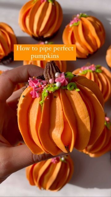 Alex LaRosa on Instagram: "Pumpkin Cupcakes 🤫 secret to the best pumpkin cupcakes ✨pipe from the outside towards center to create a circular pumpkin shape ✨ don’t sweat any mess by the stem, flowers and vines will cover that up ✨don’t over sprinkle Supplies @nycake Sprinkles @riverroadsprinkleco Piping tips @wiltoncakes l . . . . . #alexlarosabakery #pumpkincupcakes #halloweencupcakes #buttercreamcupcakes #cupcakedecorating" Best Pumpkin Cupcakes, Thanksgiving Cupcakes, Pumpkin Cupcake, Stem Flowers, Cupcake Decorating Tips, Fall Cupcakes, Thanksgiving Cakes, Cake Decorating For Beginners, Buttercream Cake Decorating