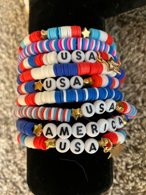 July 4th Clay Bead Bracelets, Patriotic Clay Bead Bracelets, Usa Clay Bead Bracelets, 4th Of July Bracelets, Summer Sleepover, Usa Bracelet, Faith Crafts, Week Outfits, Clay Bead Necklace