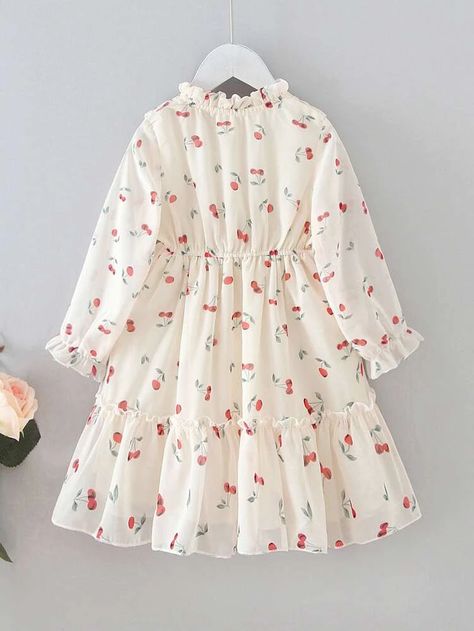 Toddler Girls Cherry Print Ruffle Trim A-line Dress | SHEIN USA Short Dresses For Kids, New Tops Designs Girls Fashion, Printed Frock Design, Frock Dress For Girls Kids Fashion, Cotton Dresses For Kids Girl, Kids Dress Design, Casual Frocks For Girls Kids, Girl Frock Design, Tops For Girls Stylish