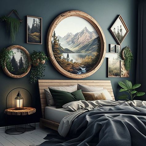 Boho Forest Green Bedroom, Cute Cabin Bedroom Ideas, Woodland Themed Living Room, Nature Theme Home Decor, Wood Theme Bedroom Ideas, Nature Themed Interior Design, Woodland Forest Bedroom, Room Sanctuary Ideas, Woodsy Green Bedroom