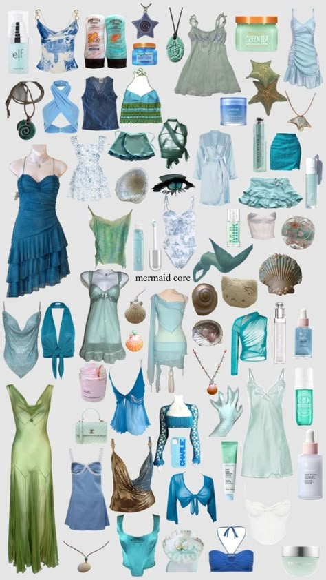 Mermaid On Land Aesthetic, Mermaid Core Clothes, Tropical Core Aesthetic Outfit, Siren Wardrobe, Mermaidcore Clothes, Oceancore Aesthetic Outfits, Mermaid Vibes Outfit, Mermaid Core Aesthetic Outfits, Mermaid Fashion Aesthetic