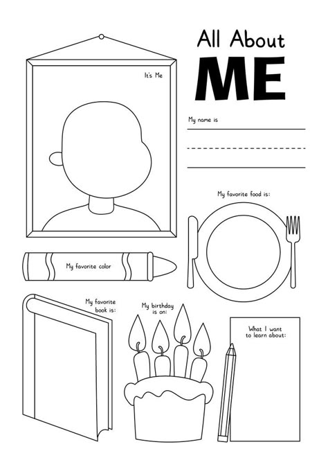 This adorable All About Me worksheet is perfect for Kindergarten students to dive into self-expression and creativity. Simply print and enjoy a fun activity that allows kids to share their favorite things and create a piece of personal artwork at the same time. Get your free printable now and let the kids have a blast! #KindergartenActivities #PrintableWorksheets #AllAboutMeWorksheet #freeprintableall What Makes Me Me Activity, All About Me Backpack Template, About Me Design, Vowel Chart, School All About Me, About Me Worksheet, Me Worksheet, Free Kindergarten Printables, All About Me Printable