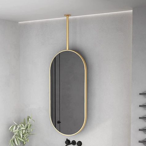 Mirror Hung From Ceiling, Ceiling Mounted Mirrors, Ceiling Mount Mirror Bathroom, Mirror With Metal Frame, Hanging Mirror Decor, Ceiling Hanging Mirror, Ceiling Mounted Mirror Bathroom, Ceiling Mount Mirror, Ceiling Hung Mirror