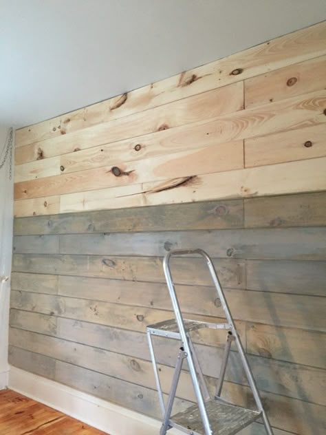 Grey Stained Shiplap Wall, Stain Plywood Walls, Wall Planking Ideas Bedroom, Industrial Rustic Basement Ideas, Shiplap Diy Wall, Plywood Plank Walls, Wood Stain Shiplap Wall, Painted Wood Plank Wall, Inexpensive Wood Wall Ideas