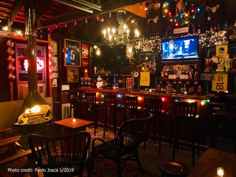 The bar I built in my garage. Bars In Garage, Home Dive Bar Ideas, Garage Bar Decor, Pub Decor Ideas Interior Design, Basement Dive Bar Ideas, Garage Pub Ideas, Home Dive Bar, Garage Sports Bar, Rock Bar Design