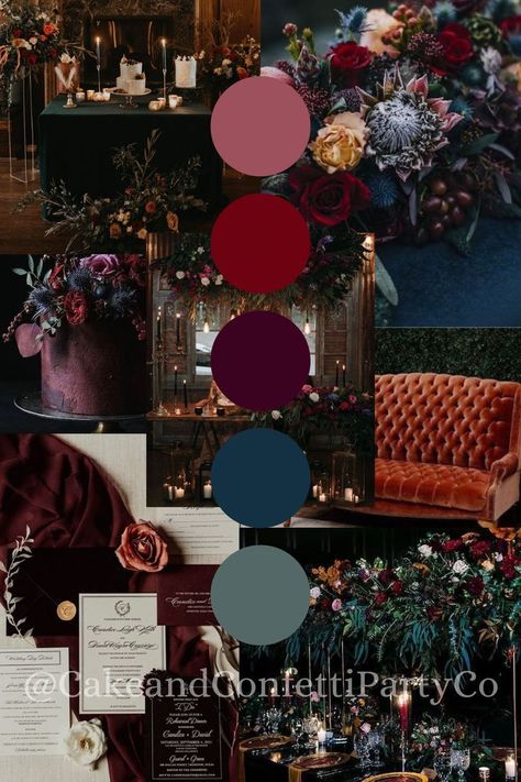 Romance Themed Wedding, Darker Wedding Colors, Jewel Tone Wedding Color Schemes, Jewel Colors Wedding, Wedding Ideas Dark Color Schemes, Dark Jewel Tone Wedding Color Palette, Jewel Tone Colors Palette, Fall Dark Wedding Color Schemes, Jewel Toned Wedding Party