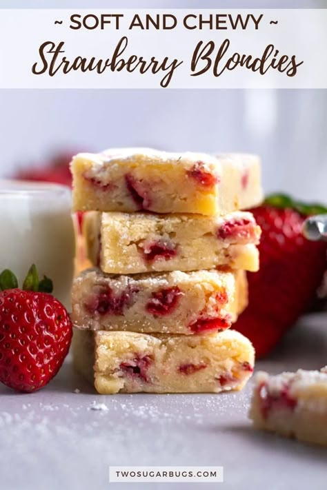 Strawberry blondies are soft, chewy and loaded with juicy, fresh strawberries. This easy, one bowl recipe with no mixer required uses kitchen staples and makes the best blondie bars in about 30 minutes. Dessert Made With Strawberries, Dessert Recipes Using Frozen Fruit, Strawberry Blondes Dessert, Strawberry Squares Recipes, Dried Strawberry Desserts, Using Up Strawberries, Easy Dessert Recipes Strawberry, Strawberry Blondie Brownies, Strawberry Dessert For Two