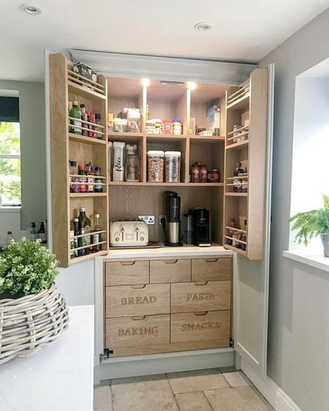 Natasha on Instagram: "Pantry appreciation ….. This is one of the best things we included in our kitchen. We don’t actually have a lot of wall space, so this pantry cupboard was perfect. It literally stores so much and I would really recommend it to anyone having a new kitchen built. We have hidden so much in here including our toaster, coffee machine and more! Only wished now we’d had a “chocolate” drawer 😂. Happy #stillsunday #kitchen #kitchendesign #kitchendecor #kitcheninspiration # Pantry Cupboard Designs, Kitchen Pantry Cupboard, Built In Pantry, Pantry Wall, Pantry Cupboard, Hamburger Helper, Kitchen Pantry Design, Kitchen Pantry Cabinets, Pantry Design