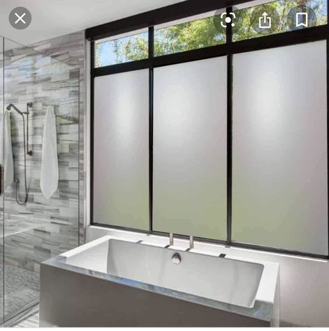 Frosted bottom panes for privacy Master Bath Window, Beige Window, Privacy Glass Window, Bathroom Window Privacy, London Bathroom, Privacy Windows, Primary Bathroom Remodel, Wet Room Bathroom, White Hallway