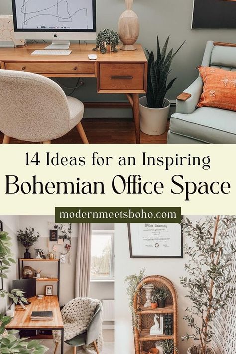 Revamp your work sanctuary with 14 ideas for an inspiring bohemian office space. Infuse personality into your home office with boho office decor that sparks creativity and boosts your motivation. Tap for the best tips on creating a boho office room! Small Zen Office Ideas, Green Boho Office Ideas, Modern Boho Office Design, Boho Home Office Inspiration, Boho Living Room Office Combo, Office Meditation Room Combo, Boho Bedroom Office Combo, Earthy Modern Office, Office Decor Zen Spaces