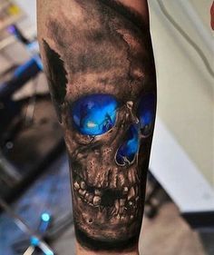 Blakc and grey designed Skull tattoo, w/ Bright sapphire blue eyes/nose from inside! Forearm Tattoo Design, Polynesian Tattoos, Geniale Tattoos, Cat Tattoos, Geometric Tattoos, Skull Tattoo Design, Tiny Tattoo, 3d Tattoos, Badass Tattoos