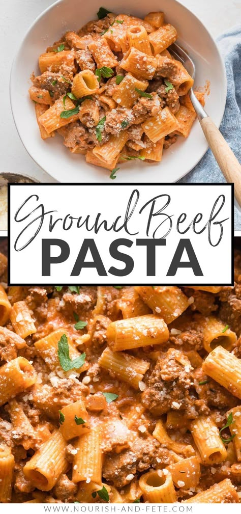 This easy and flavorful Ground Beef Pasta recipe is ready in about 25 minutes using everyday ingredients. It's perfect for simple family dinners! Beef Pasta Recipes Healthy, Pasta Ideas With Ground Beef, Beef Pasta Healthy, Red Meat Recipes Dinners Simple, Ground Beef Recipes Picky Eaters, Simple Dinner Ground Beef, Ground Beef Pasta Recipes Dairy Free, Basic Ground Beef Recipes, Easy Weeknight Pasta Dinners