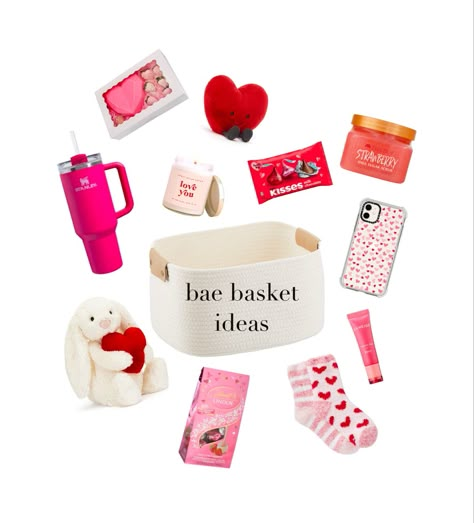 bae basket valentines bestie gift idea Bae Basket For Bestie, Bae Baskets Ideas, Things To Put In A Valentines Basket, Boo Basket Ideas Valentines, Affordable Valentines Basket, Valentines Box Gift Ideas, Valentines Idea For Best Friend, Valentines Basket For Bestie, What To Get Your Best Friend For Valentines Day