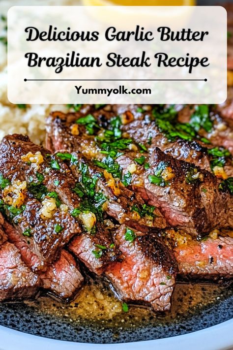 Master the art of steak with this Juicy Garlic Butter Brazilian Steak Recipe! 🌟🔥 Seared in a skillet and drizzled with a buttery garlic sauce, this dish is easy to make and tastes like it’s straight from a Brazilian steakhouse🍴✨ #GarlicButterSteak #BrazilianCuisine #SteakRecipe #HomemadeGourmet Brazilian Garlic Steak, Shell Steak Recipes, T Bone Recipes Steaks, Steaks In Skillet, Brazilian Steak Recipe, Garlic Butter Skirt Steak, Different Steak Types, Steak Iron Skillet, Argentina Steak Recipes