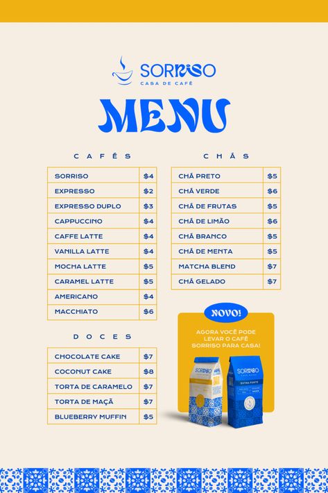 Menu design for a Portugal brand. The briefing included the need of a pattern based on the unique tiles that are traditional in Portugal, and I used the colors blue and yellow to represent that. Traditional Menu Design, Menu Design Inspiration Creative, Menu Cafe Design, Coffee Shop Menu Design, Shop Menu Design, Cafe Social Media, Brand Brief, Unique Tile Patterns, Unique Tiles