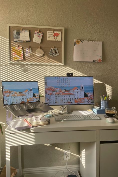 Laptop stand, monitor, keyboard, calendar and bulletin board Laptop Table Setup, Desk Ideas With Laptop, Computer Laptop Desk Setup, Desk Ideas Laptop And Monitor, Desk With Laptop And Monitor, Desktop Monitor Setup, Desktop Table Design Ideas, Desktop Set Up Aesthetic, Desk With Monitor And Laptop