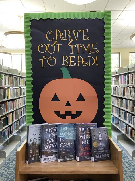 October Bulletin Board Ideas For Library, Halloween Book Fair Ideas, Halloween Library Bulletin Board Ideas, Thanksgiving Book Display Library, Halloween Book Fair Theme, Library Halloween Bulletin Boards, Halloween Book Display Library, September Book Displays, October Library Bulletin Boards