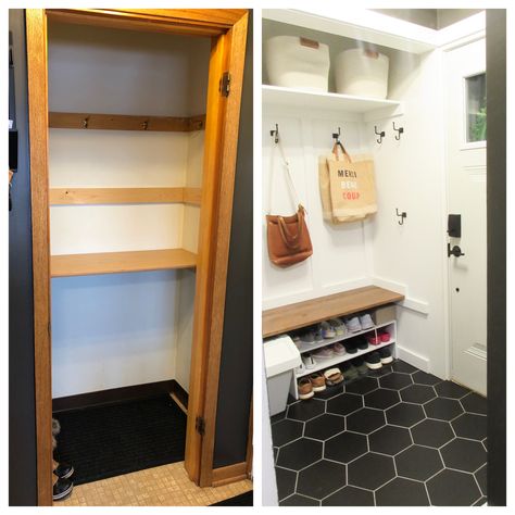 Entry Closet Conversion, Turn Coat Closet Into Mudroom, Turn A Closet Into A Mudroom, Turning A Closet Into A Mudroom, Entry Closet Remodel, Closet To Mudroom Convert Diy, Open Entry Closet, Closet Converted To Mudroom, Small Closet To Mudroom Convert