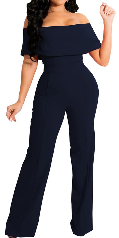 PRICES MAY VARY. 【Style】:Elegance never goes out of style! The wide leg pants jumpsuits make you look slimmer .And the jumpsuits ruffle design and off shoulder designed perfect show your figure. 【Design】:Plus Size,Straight Wide Pants,Breast Wrap Ruffle,with Belt. This sexy jumpsuits design who dresses it will be the eye-catching and chic person at the party club night or in the crowd, showing your fashion and sexy. 【Occasion】: The sexy elegant jumpsuits are convenient to wear,perfect for many Oc Semiformal Outfit Party, Semi Casual Wedding Attire Guest, 20 Year High School Reunion Outfit, High School Reunion Outfit, Business Cocktail Attire, Engagement Party Outfit Guest, Shiny Accessories, Dark Blue Jumpsuit, Banquet Outfit