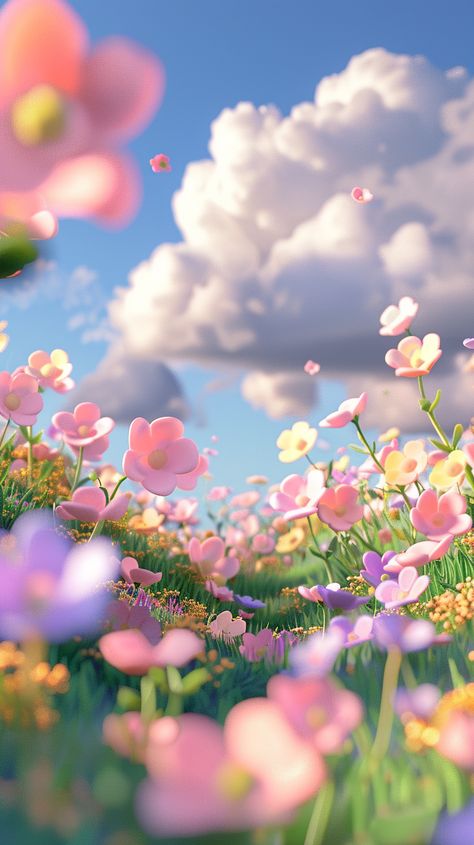 3D rendering in a cartoon style using a clay material, of a cute and colorful spring flower landscape background with grass on the ground . Clouds are floating above in a pastel colored scene with soft lighting. The rendering was done with blender and C4d using an OC renderer at high detail and 8K resolution. --ar 9:16 Cute 3d Backgrounds, 3d Art Landscape, Blender 3d Landscape, Spring 3d Art, 3d Scene Design, Background 3d 3d Wallpaper, How To Render Art, Cartoon Art Background, Blender Landscape