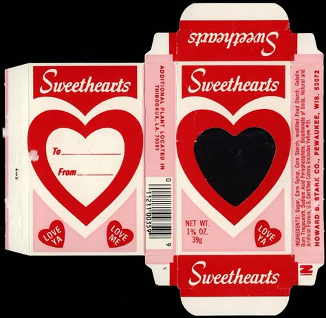 Sweethearts Conversation Hearts candies were originally made by Wisconsin's Stark Candy Company, which was founded in 1937. It was acquired in 1988 by Necco. The acquisition of Stark's Sweethearts, combined with Necco's existing Sweet Talk line of candies made Necco the leading manufacturer of candy "conversation" hearts. Classic Valentine Cards, Valentine Sweets Box Ideas, Vintage Candy Box Printable, Valentine Gifts Paper, Candy Wrapper Collage, Printable Box Aesthetic, Box Template Printable Aesthetic, Valentines Packaging Design, Heart Packaging Design