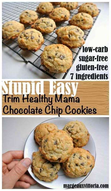 Stupid Easy Trim Healthy Mama Chocolate Chip Cookies | Margeaux Vittoria Thm Snacks, Thm Meals, Dessert Mousse, Postre Keto, Cookies Healthy, Trim Healthy Mama Recipes, Mama Recipe, Thm Desserts, Keto Cake