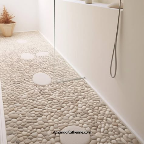 Pebble Shower Floor Pros and Cons— Is It The Right Choice For Your Bathroom? - Amanda Katherine Pebble Floor Tile Bathroom, Pebble Stone Floor Bathroom, Pebbles Tiles Bathroom, Pebble Floor Bathroom Ideas, Pebble Rock Shower Floor, Pebble Tiles Bathroom, Resin Floor Bathroom, Shower Floor Pebble Tile, Pebble Shower Ideas