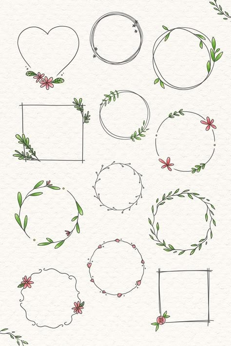 Hand Drawn Frames, Drawn Frames, Wreath Vector, Doodle Floral, Arte Doodle, Wreath Illustration, Bond Paper Design, Doodle Frames, Wreath Drawing