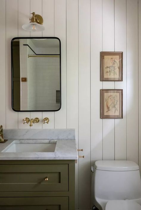 39 Shiplap Bathroom Ideas, From Farmhouse to Modern Cream Shiplap Bathroom, Vertical Wood Paneling Bathroom, Paneled Wall Bathroom, Floor To Ceiling Vertical Shiplap, Bathroom Vanity Shiplap Wall, Powder Room Wood Accent Wall, Bathroom Ideas Board And Batten, Vanity And Toilet On Same Wall, Sage Green Shiplap Bathroom