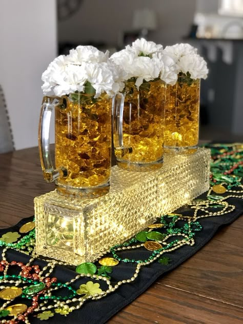 Dads Birthday Theme Party Ideas, Beer Bottle Centerpieces For Birthday, Beer Themed 60th Birthday Party, Cheers And Beers Centerpiece, Beer Centerpiece Ideas, Cheers Themed Birthday Party, Beer Themed Dessert Table, Beer Mug Centerpiece 50th Birthday, 30th Birthday For Him Decoration