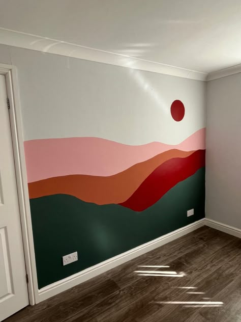 Bedroom feature wall mural of a sunset and mountains Diy Feature Wall Paint Bedroom, Simple Paint Mural, Sunset Bedroom Walls, Mountain Sunset Wall Mural, Simple Bedroom Paint Ideas, Simple Mountain Mural Nursery, Desert Sunset Wall Mural, Mural For Bedroom Wall, Feature Wall Painting