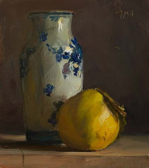 Julian Merrow Smith Paintings, Delft Vase, Painting A Day, Vase Painting, Daily Painters, Life Paintings, Still Life Oil Painting, Fruit Painting, Daily Painting