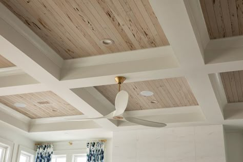 Tongue And Groove Coffered Ceiling, Deep Coffered Ceiling, Exterior Tongue And Groove Ceiling, Reed Ceiling Interior Design, Coffered Ceiling With Wood Planks, Planked Wood Ceiling, Coastal Coffered Ceiling, Cypress Wood Ceiling, Oak Tongue And Groove Ceiling