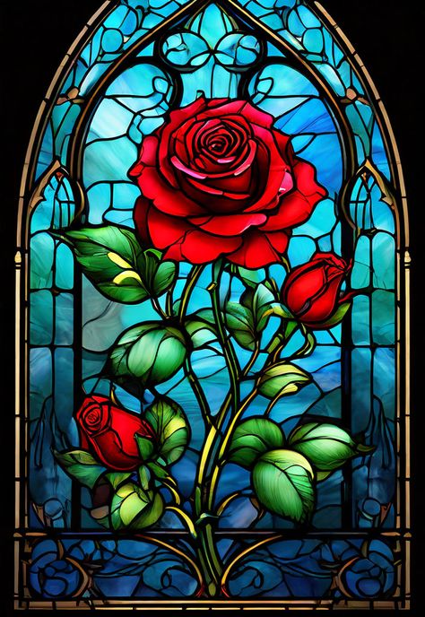 Beauty And The Beast Stained Glass, Beauty And The Beast Stained Glass Art, Red Flower Drawing, Enchantress Dress, Beauty And The Beast Art, Disney Stained Glass, Beauty And The Beast Rose, Blue Roses Wallpaper, Stained Glass Windows Church