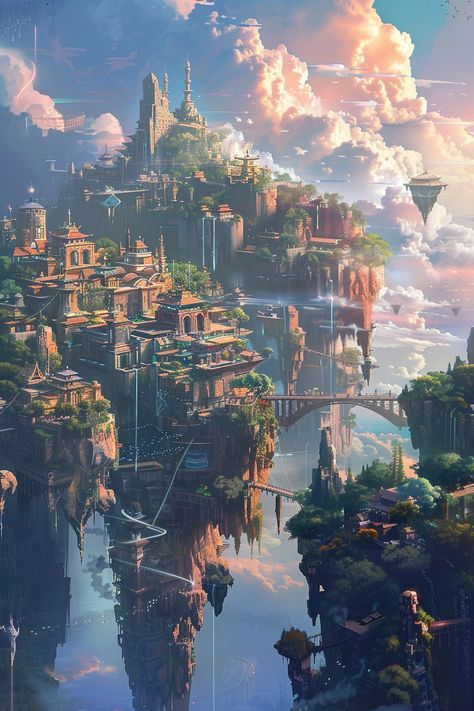 Floating Fantasy Island, Air Fantasy World, Dnd Floating City, Floating Islands Fantasy Art City, Floating Cities Fantasy Art, Island City Fantasy Art, City In The Sky Fantasy Art, Fantasy Sky Island, Fantasy City Scape