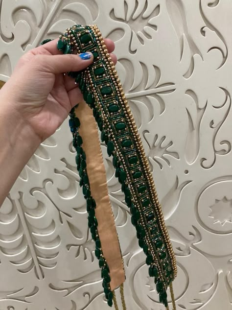 Hand embroidery velvet cloth waist belts with emerald hangings Colours can be customised Rs 1650+ Ship..foddqia Beads Hangings For Blouse Hands, Handwork Belt Design, Embroidery Belt Design, Fancy Belts For Dresses, Belt Embroidery Design, Hip Belt Designs, Hip Belts, Embroidery Belt, Saree With Belt