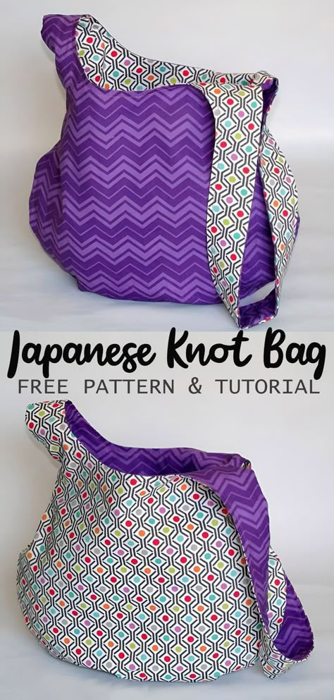 Reversible Japanese Knot Bag Pattern Japanese Bags Diy, Sewing A Bag Free Pattern, Knot Bags Diy, Free Knitting Bag Pattern, Japanese Purse Patterns, Sew Knitting Bag, Large Japanese Knot Bag Pattern Free, Tote Bag Patterns To Sew Free, Reversible Tote Bag Pattern Free