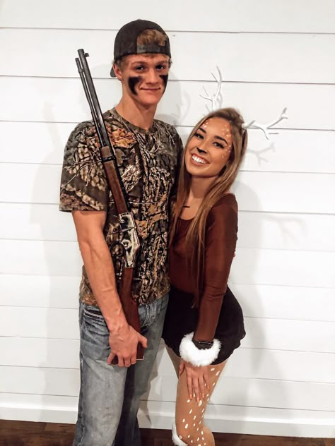 Bambi Couple Costume, Cute Easy Couples Halloween Costumes, Country Costumes For Couples, Couple Deer And Hunter Costume, Deer Snd Hunter Costume, Hunting Costume Ideas, Hunting Couple Halloween Costumes, Hunter Deer Couple Costume, 2 Man Halloween Costume