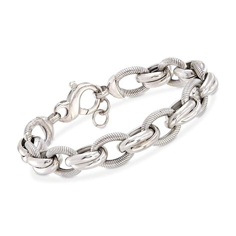 Ross-Simons Italian Sterling Silver Textured and Polished Oval-Link Bracelet Couture Flowers, Easy Hair Extensions, Flowers Necklaces, Mens Chain Bracelet, Silver Link Bracelet, Metal Chain Link, Jewelry Lookbook, Fine Jewelry Bracelets, Fashion Boho